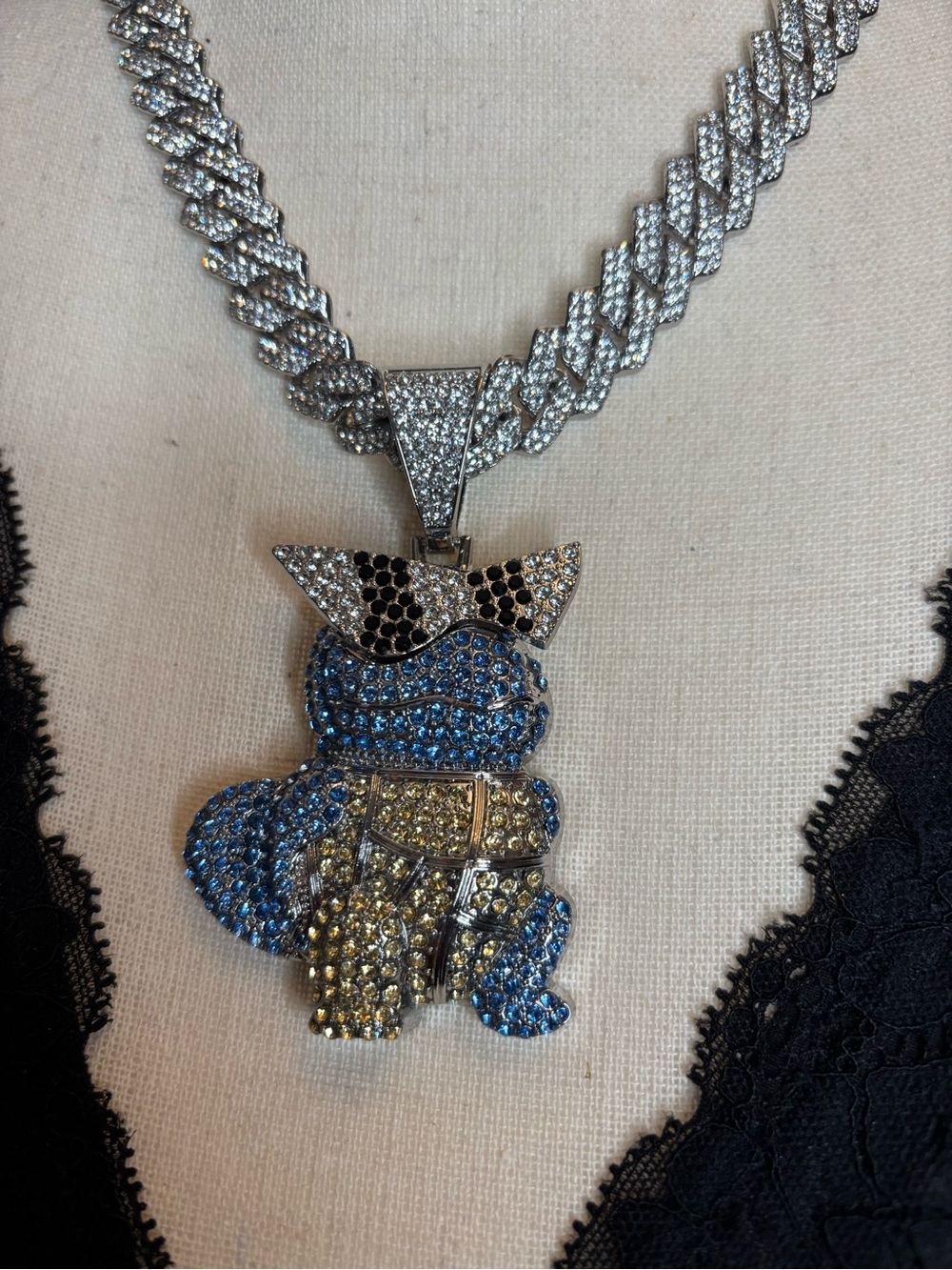 Silver tone Crystal pave SQUIRTLE pendant and necklace